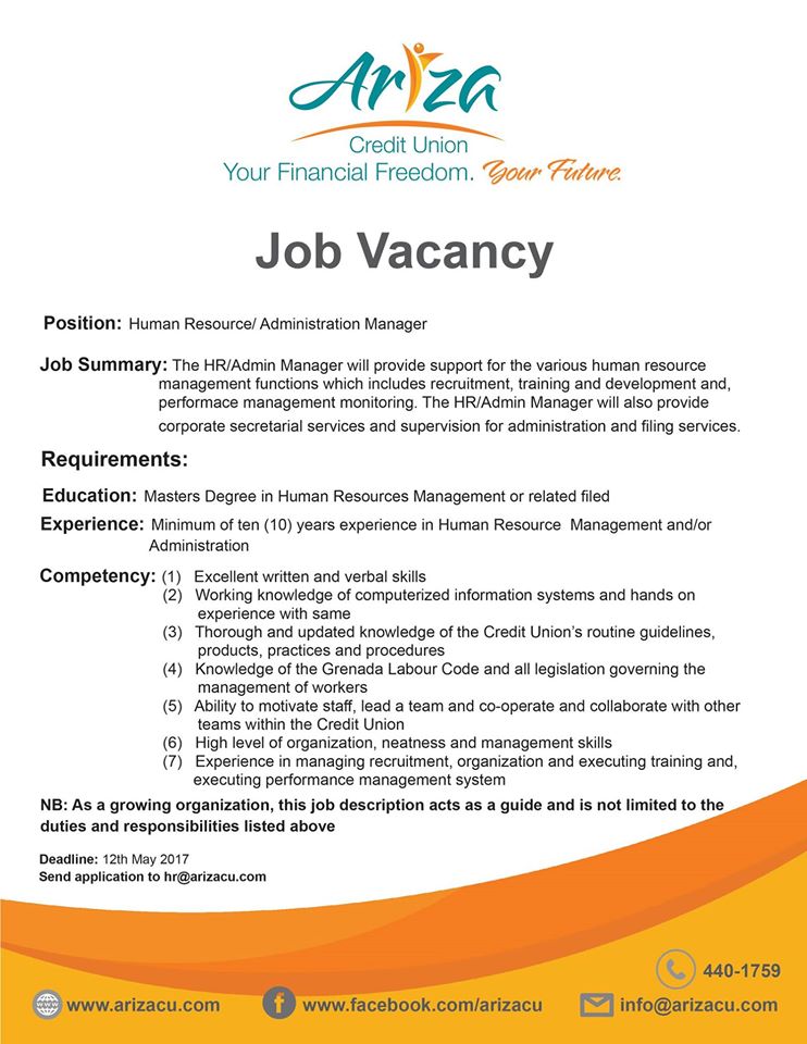 Job Vacancy HR Administration Manager Ariza Credit Union